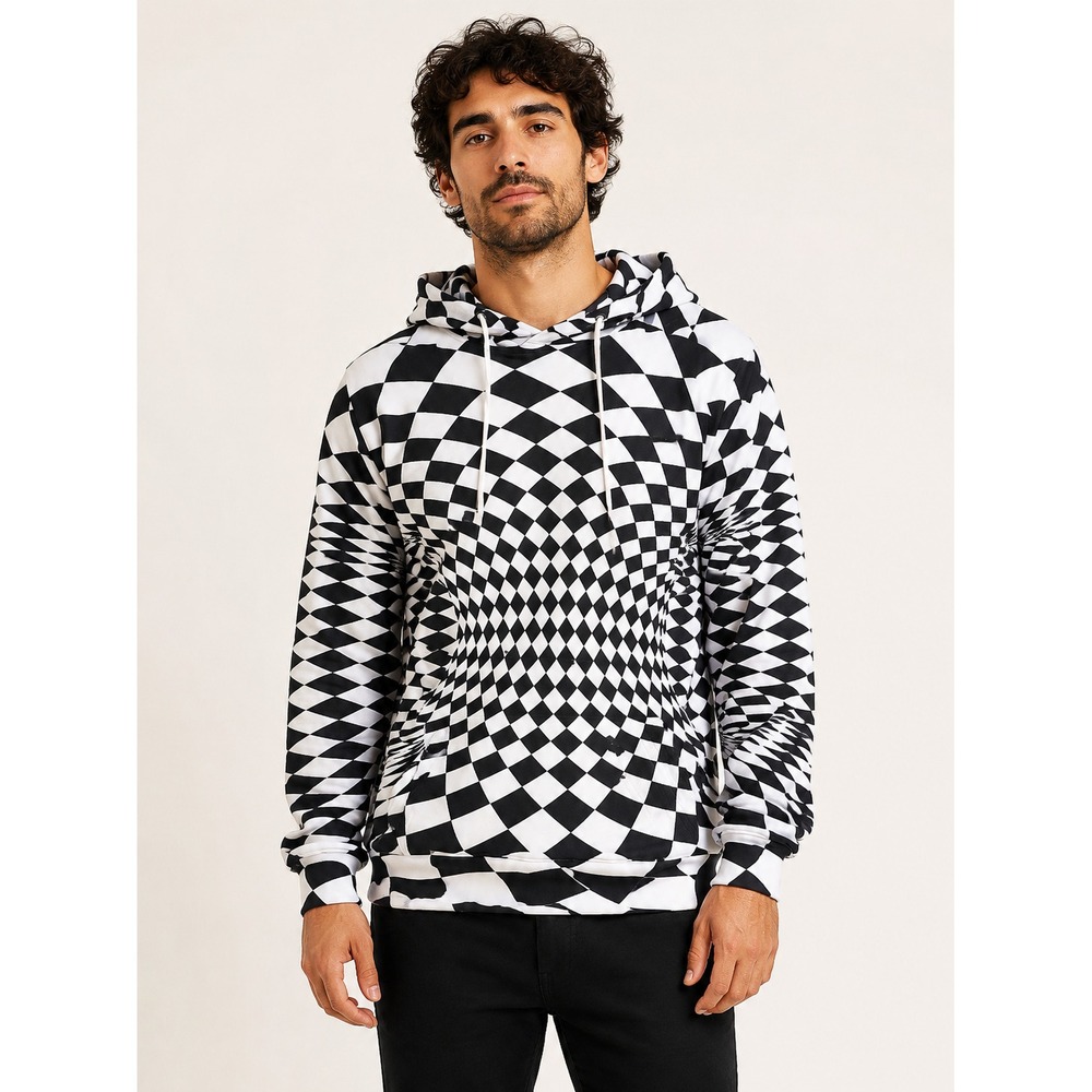 Black White Optical Illusion Warped Checkerboard Hoodie XL Streetwear Trippy